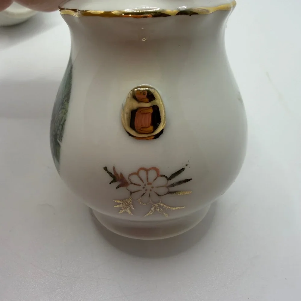 Vintage Enesco Homestead Salt and Pepper Shakers Winter Scenes Gold Trim Set